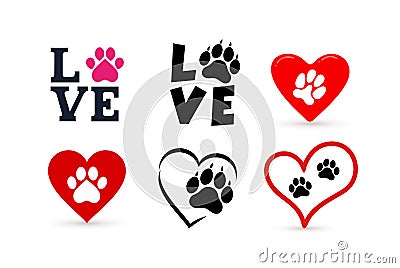 Set of Love with pet footprint. Funny logo saying. Design for scrapbooking, posters, textiles, gifts, t shirts. Vector Cartoon Illustration