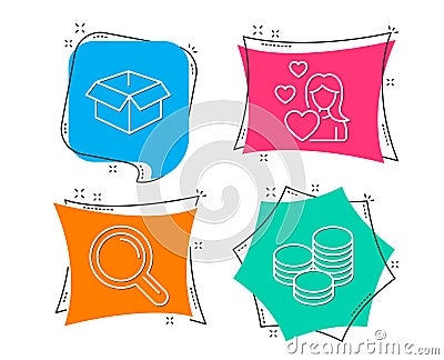 Love, Research and Opened box icons. Tips sign. Woman in love, Magnifying glass, Shipping parcel. Cash coins. Vector Illustration