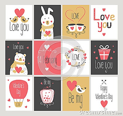 Set love and romantic cards. Valentine`s Day. Vector Illustration