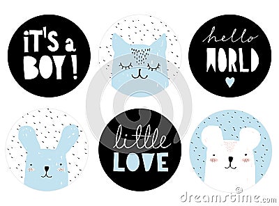 Set of Lovely Baby Boy Party Vector Decoration. Bunny, Cat and Bear. Vector Illustration