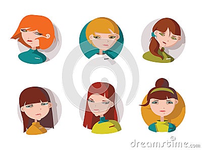 Set with 6 lovely girls heads, dressed like shop assistant, manager or helpful staff in bright clothes and with smile on face. Vec Cartoon Illustration