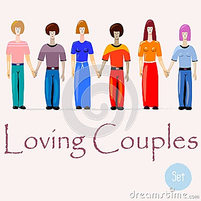 Couples in Love. Gay, lesbian and heterosexual couples. Cartoon Illustration