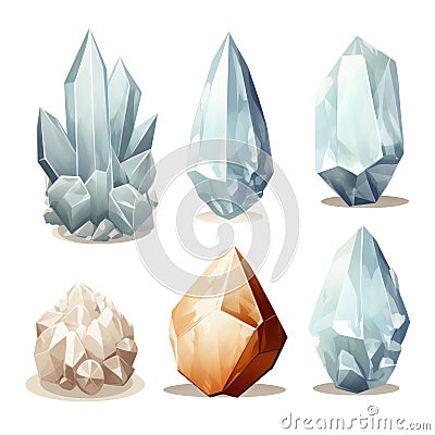 Set of low poly crystals on white background. Cartoon Illustration