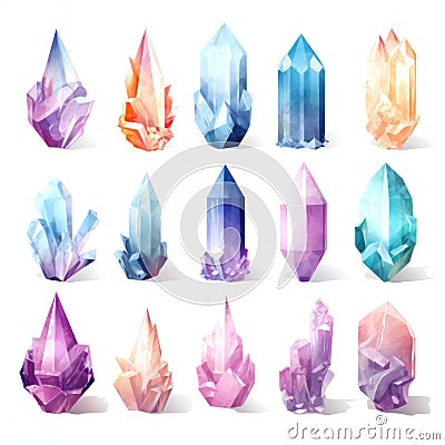 Set of low poly crystals on white background. Cartoon Illustration