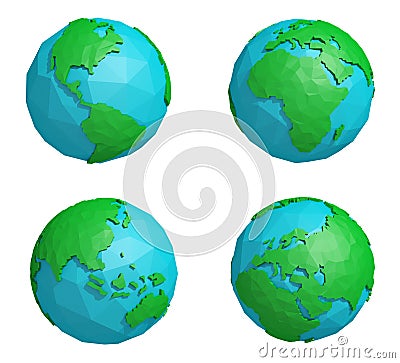 Set of low poly earth planet with four continents, polygonal globe icon Stock Photo