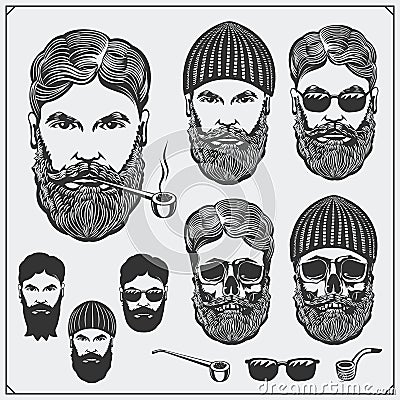 Set of Lumberjack characters with glasses, tobacco pipes and hats. Vintage style. Vector Illustration