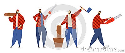 Set of Lumberjack Male Characters in Plaid Shirts Posing with Working Equipment and Tools, Woodcutters Holding Chainsaw Vector Illustration