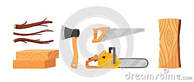 Set of Lumberjack Tools, Tree Branches, Wooden Planks and Log, Timbers and Woodcutter Instruments Chainsaw, Saw, Axe Vector Illustration