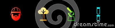 Set Lumberjack, Tree, Wooden axe in stump and Chisel tool icon. Vector Vector Illustration