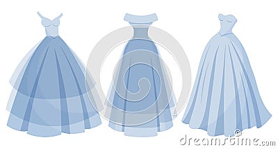A set of luxurious blue dresses, a collection of princess wedding dresses. Fashion. Illustration Vector Illustration