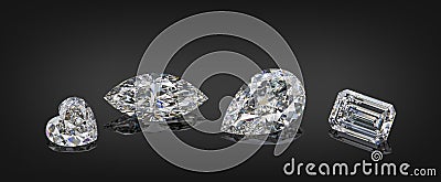 Set of luxury colorless transparent sparkling gemstones of various cut shape diamonds collage isolated on black background Stock Photo