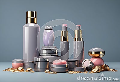 Set of luxury cosmetics bottles and cans over neutral background Stock Photo