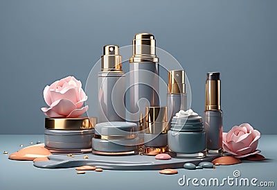 Set of luxury cosmetics bottles and cans over neutral background Stock Photo