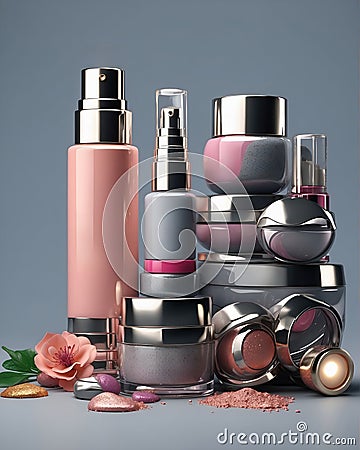 Set of luxury cosmetics bottles and cans over neutral background Stock Photo