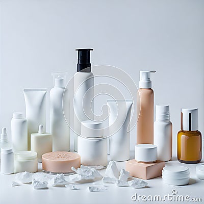 Set of luxury cosmetics bottles and cans over white background Stock Photo