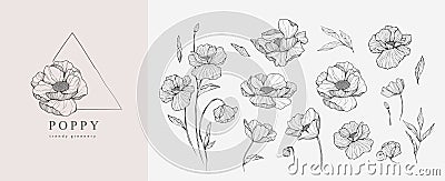 Set of luxury flowers and logo. Trendy botanical elements. Hand drawn line leaves branches and blooming. Wedding elegant Vector Illustration