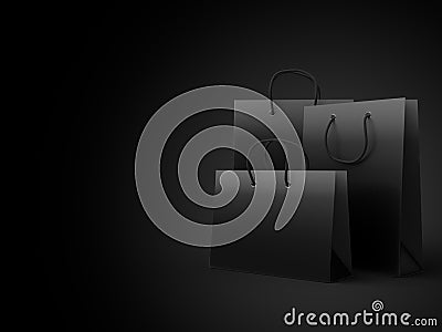 Set of luxury glossy shopping bags in black gradient on black background 3d render Cartoon Illustration