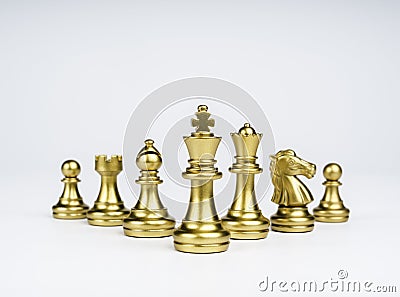 Set of luxury golden chess pieces isolated on white background. The photo of gold chess, king, rook, bishop, queen, knight, and Stock Photo