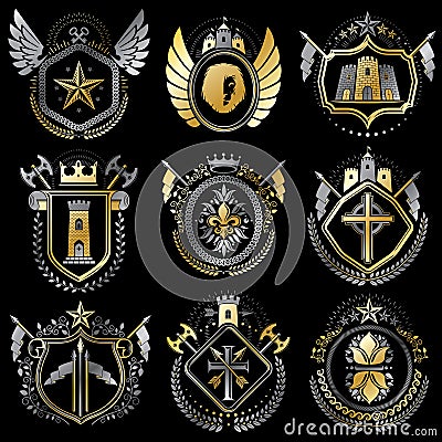 Set of luxury heraldic vector templates. Collection of vector symbolic blazons made using graphic elements, royal Vector Illustration