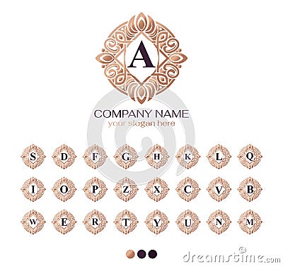 Set of luxury logos. Alphabet monogram in a frame. Badge for wedding, restaurant, royalty, boutique, cafe, hotel, heraldic, Stock Photo