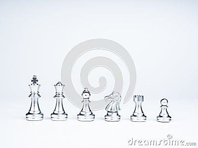 Set of luxury silver chess pieces isolated on white background. Stock Photo