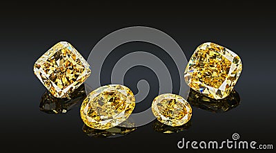 Set of luxury yellow transparent sparkling gemstones of various cut shape diamonds collage isolated on black background Stock Photo