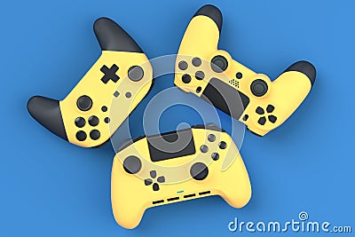 Set of lying gamer joysticks or gamepads on blue background Stock Photo