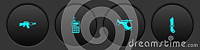 Set M16A1 rifle, Walkie talkie, Helicopter and Military knife icon. Vector Vector Illustration