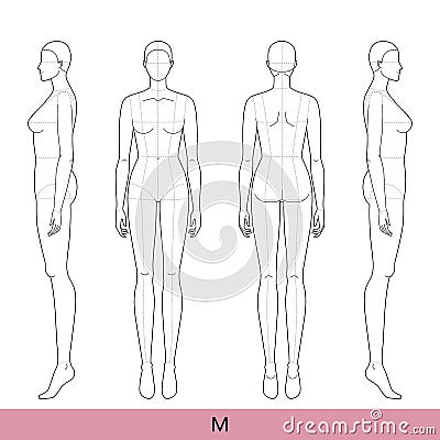 Set of M Size Women Fashion template 9 nine head Croquis with main lines Lady model skinny body figure front, 3-4, back Vector Illustration