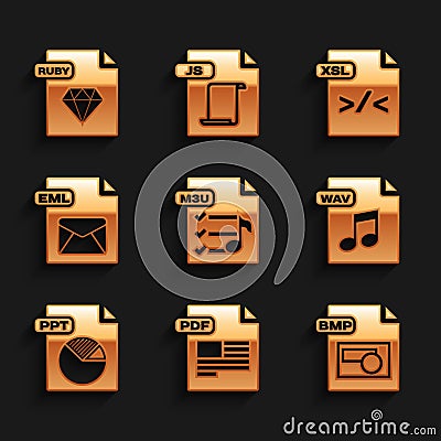Set M3U file document, PDF, BMP, WAV, PPT, EML, XSL and RUBY icon. Vector Vector Illustration