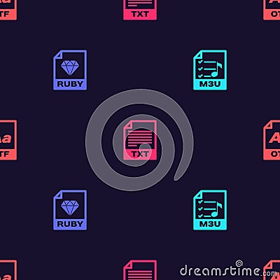 Set M3U file document, RUBY, TXT and OTF on seamless pattern. Vector Vector Illustration