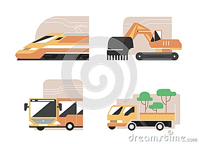 Set of machines. High speed train, excavator, public bus, gardening pickup. Flat style vector icons, municipal technics signs Vector Illustration