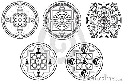 Set of madalas coloring pages. Set of adult Coloring Pages. Therapeutic coloring Page Vector Illustration