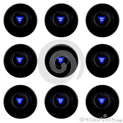 Set of magic eight balls discount from 10 to 90 percents predictions isolated on white background Stock Photo