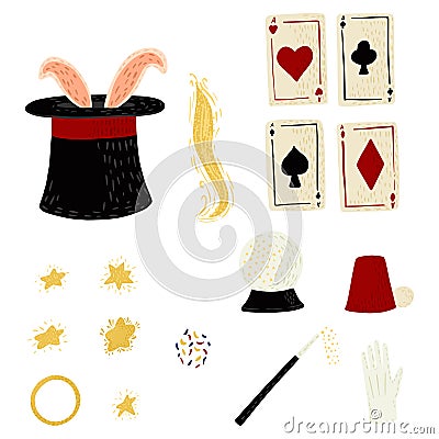 Set magic elements isolated on white background. Cartoon hat, rabbit, star, ring, cards, ball, thimble, magic wand, confetti hand Cartoon Illustration