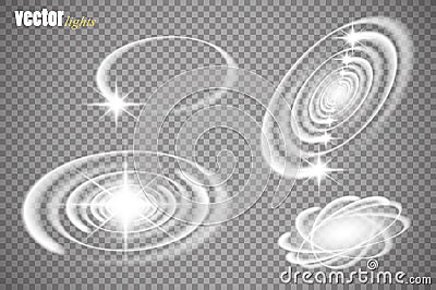 Set of magic glowing spark swirl trail effect isolated on transparent background. Bokeh glitter wave line with flying Vector Illustration