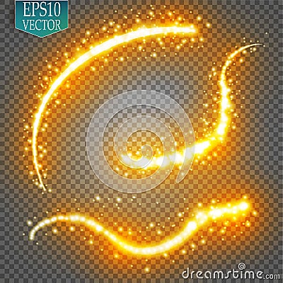 Set of magic glowing spark swirl trail effect on transparent background. Bokeh glitter wave line with flying Vector Illustration