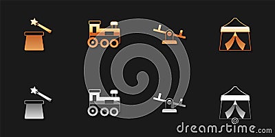 Set Magic hat and wand, Toy train, Seesaw and Circus tent icon. Vector Vector Illustration