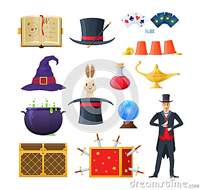 Concept magic, clothing, potions, tools and accessories. Spellbook, maps, potions. Vector Illustration