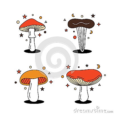 Set of magic mushroom. Different colored mushroom symbols. Psychedelic mushrooms sketch. Mushrooms in hippie 70s retro Vector Illustration