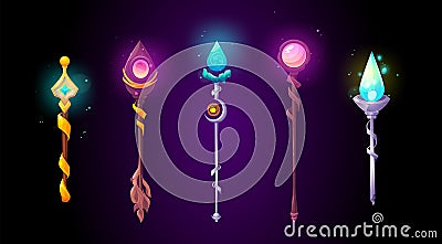 Set of magic power staffs isolated on background Vector Illustration