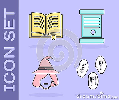 Set Magic runes, Ancient magic book, Witch and Decree, paper, parchment, scroll icon. Vector Vector Illustration