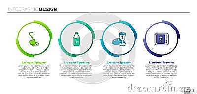 Set Magic staff, Holy water bottle, Goblet and bread and Online church pastor preaching. Business infographic template Vector Illustration