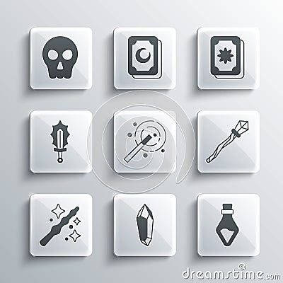 Set Magic stone, Bottle with potion, staff, wand, sword in fire, Skull and Tarot cards icon. Vector Vector Illustration