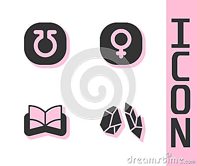 Set Magic stone, Life, Ancient magic book and Venus icon. Vector Vector Illustration