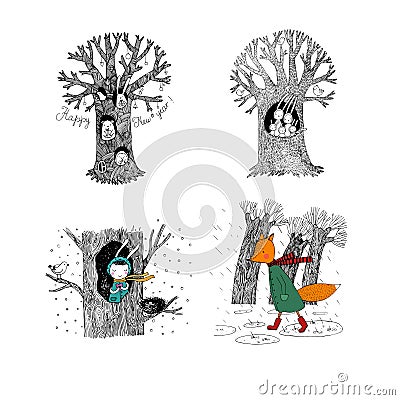 Set with magic trees. Fairy forest. Hand drawing isolated objects on white background. Vector Illustration