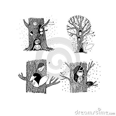 Set with magic trees. Vector Illustration