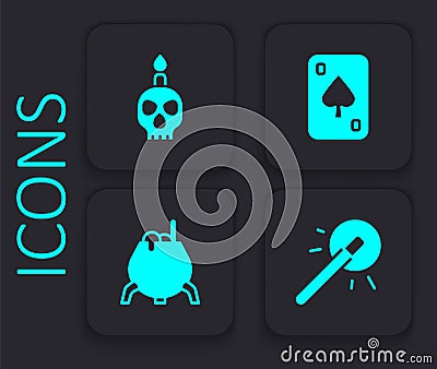 Set Magic wand, Burning candle on skull, Playing cards and Witch cauldron icon. Black square button. Vector Vector Illustration