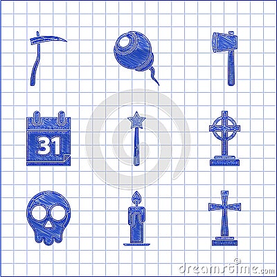 Set Magic wand, Burning candle, Tombstone with cross, Skull, Calendar Halloween date 31 october, Wooden axe and Scythe Vector Illustration