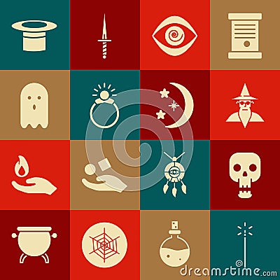 Set Magic wand, Skull, Wizard warlock, Hypnosis, stone ring with gem, Ghost, Magician hat and Moon stars icon. Vector Vector Illustration